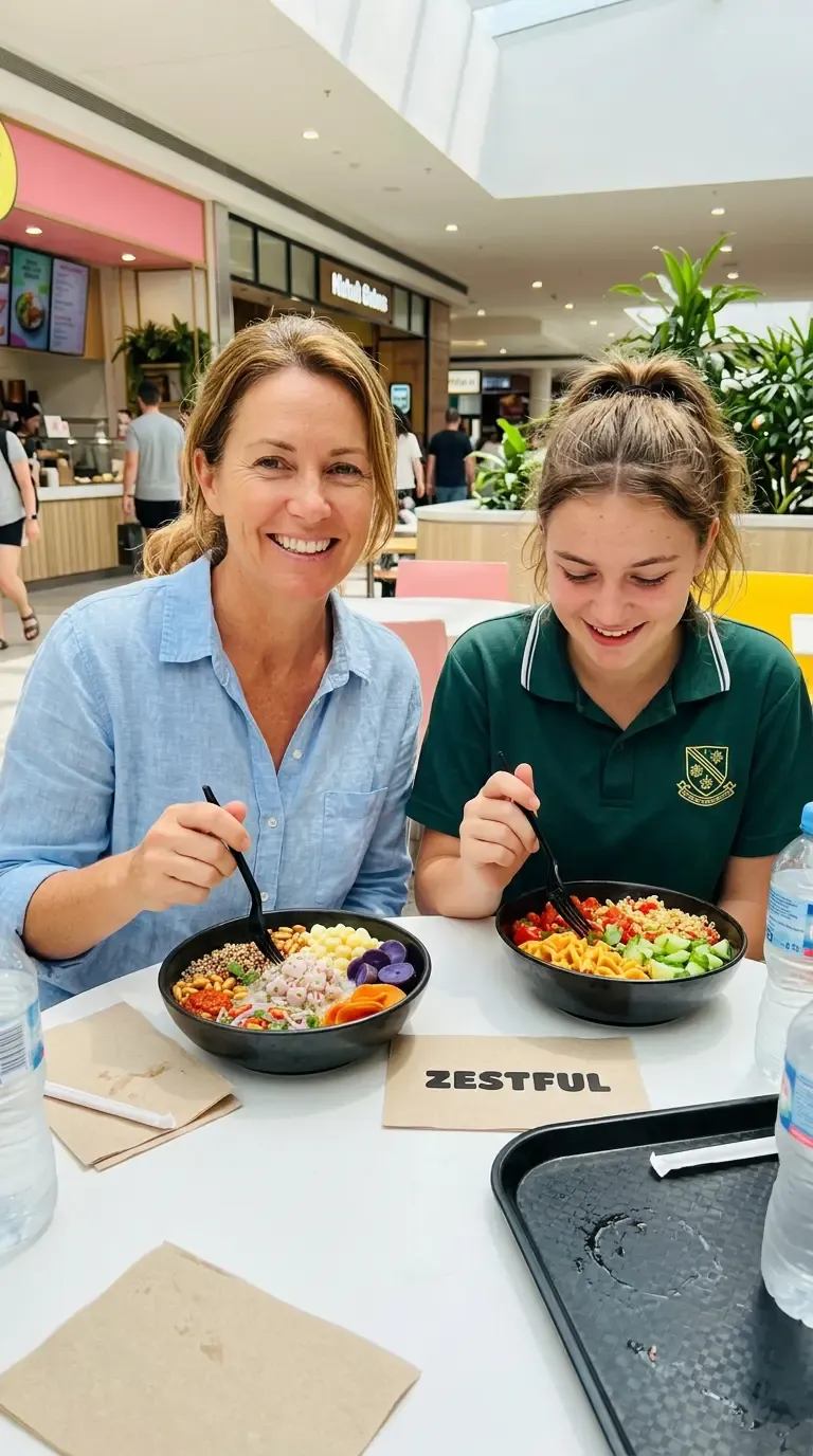 Mum and daughter eating salad bowl